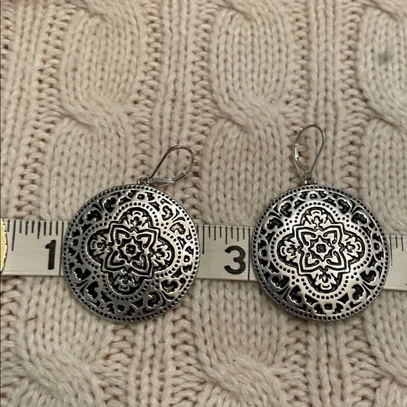 Scroll & Vine Silver Tone Leverback Drop Dangle Earrings circular metallic boho - Picture 7 of 13
